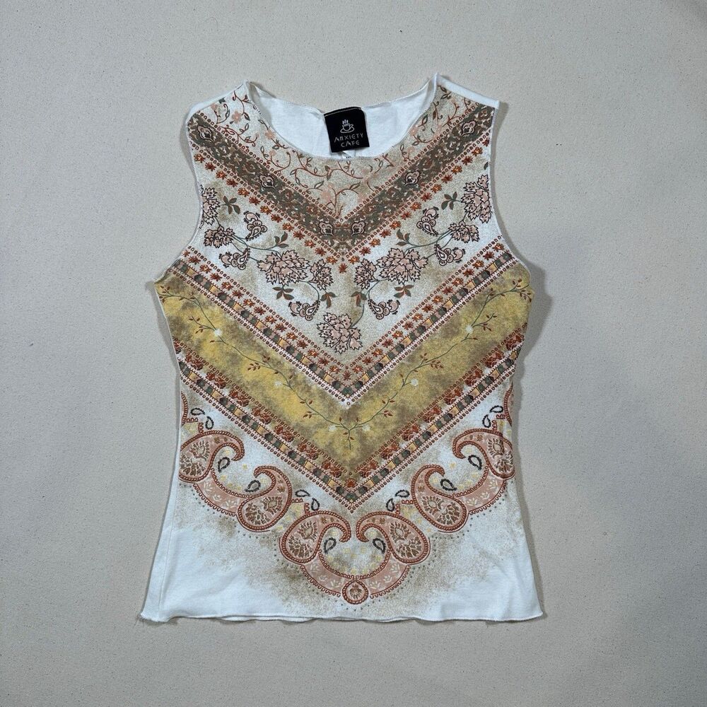 NWT Vintage Anxiety Cafe White And Orange Paisley Women’s Tank With Sparkles